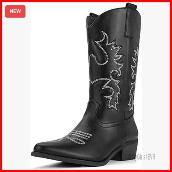 Women's Western Cowboy Boots Mid Calf Embroidered Chunky Low Heel Pointed Toe